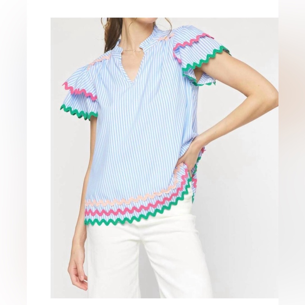 Entro NWT Light Blue and White Striped Blouse with Pink and Green Ric Rac
